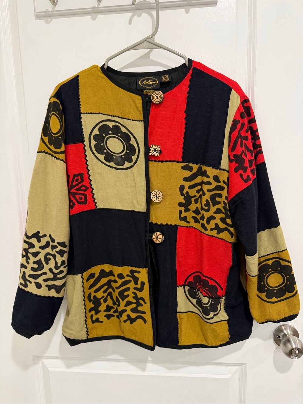 Allure Patchwork Bomber Jacket in Black, Red & Mustard